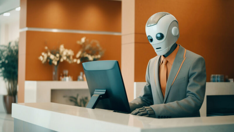 A futuristic office with a humanoid AI assistant working at a modern desk